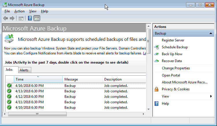 Azure Recovery Services Agent running successfully